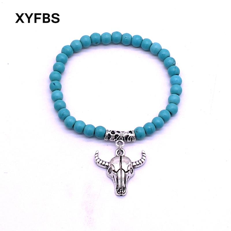 

Bohemia Beaded Bracelet Fashion Alloy Bull Head 6mm Natural Stone Lady Bracelet & Bangle Bull Head Pendant Jewelry
