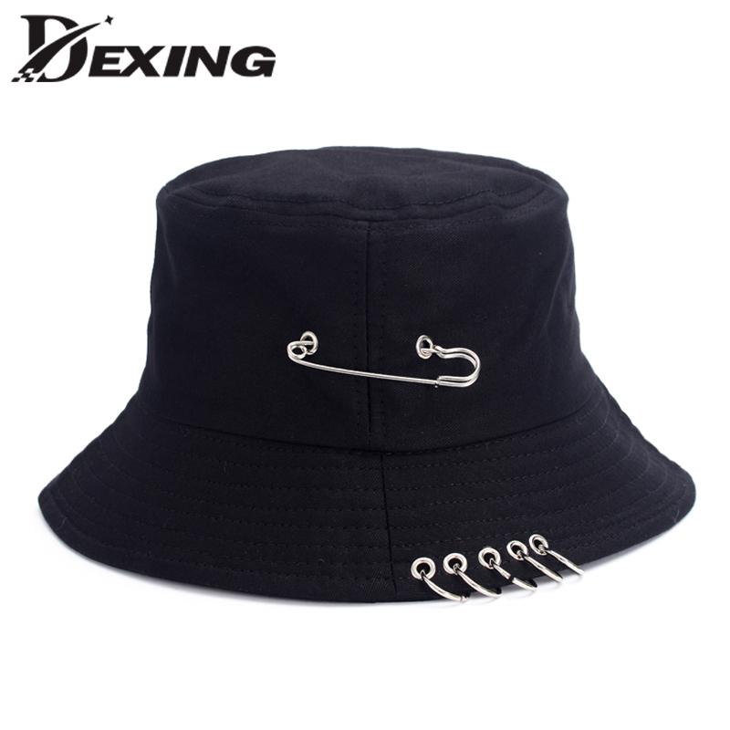 

Wholesale STYLE Black Bucket Hat For Men Women Fashion K Iron Ring Bob Popular Cap 100% Handmade Summer sun hat, Like picture