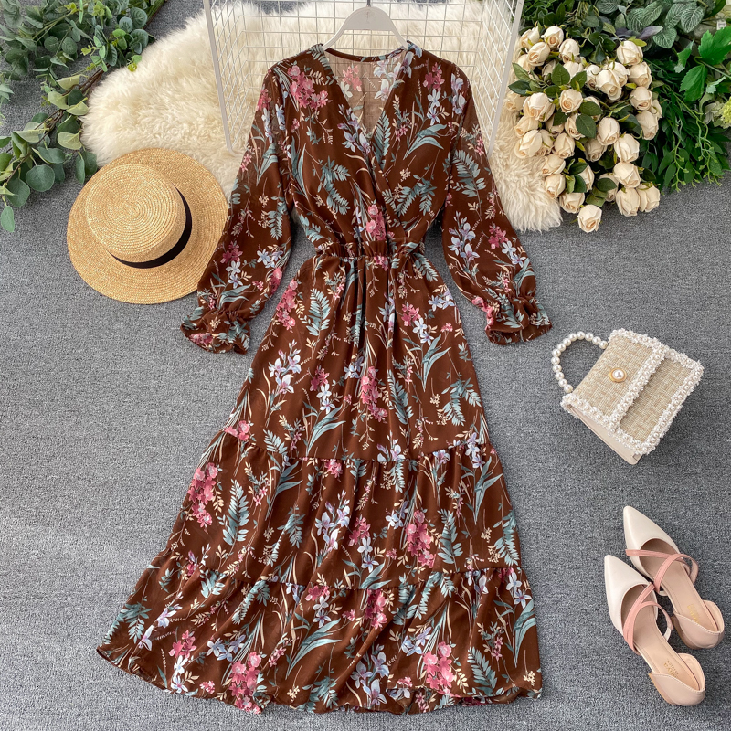 

New Summer Female Floral Impression Vintage Ladys Neck Puff Upper Middle Waist Long Dress Thin C0zi, Coffee