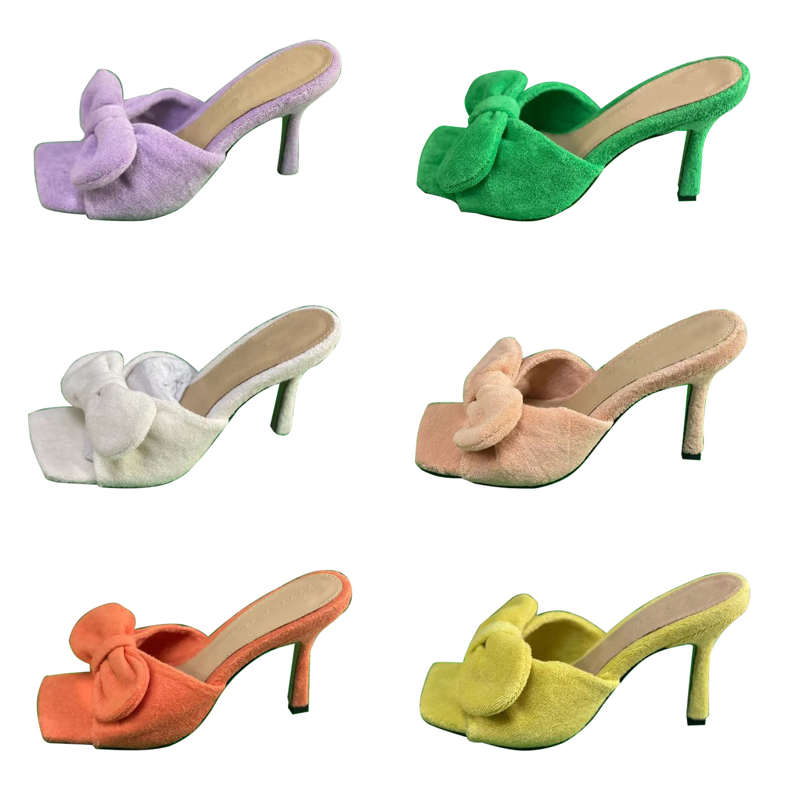

2022 Towel Mules Women Bowtie Sandals Mule Square Toe Stretch Slipper Rubbe outsole High Heel Shoes Fashion Ladies Sexy Thin Pumps Sandal with Box NO399, Socks