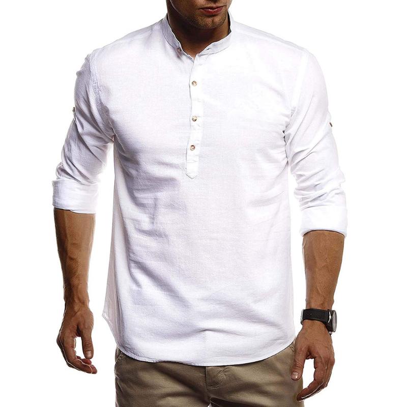 

JAYCOSIN Men Stand Neck Shirt Long Sleeve Daily Look Linen Shirts Tops Blouse Casual Fashion High Quality Solid Shirts #45, White