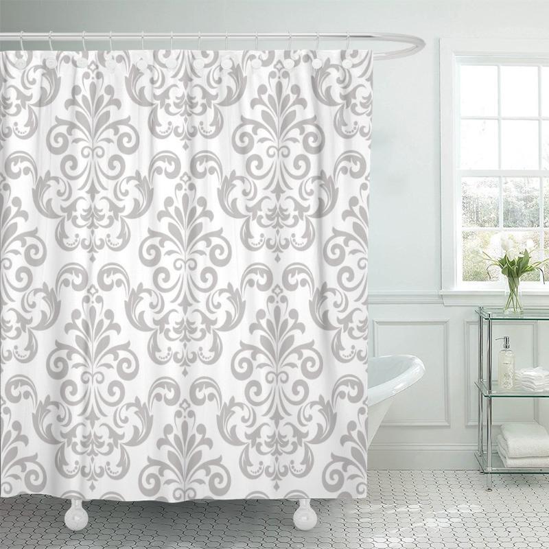 

Silver Antique in The Style of Baroque Gray and White Floral Graphic Pattern Curtains Damask Shower Curtains Waterproof1