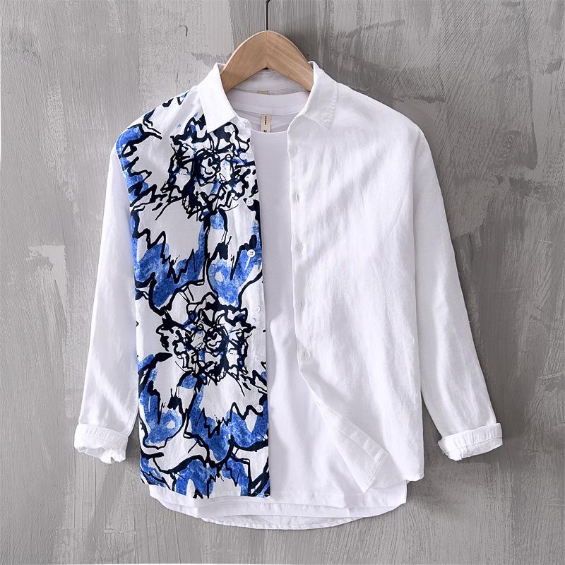 

Men's Cotton Linen Shirts Long Sleeve Slim Floral Printed Dress Shirt Men Fashion Casual Shirts Male Camisa Streetwears TS-559, Blue