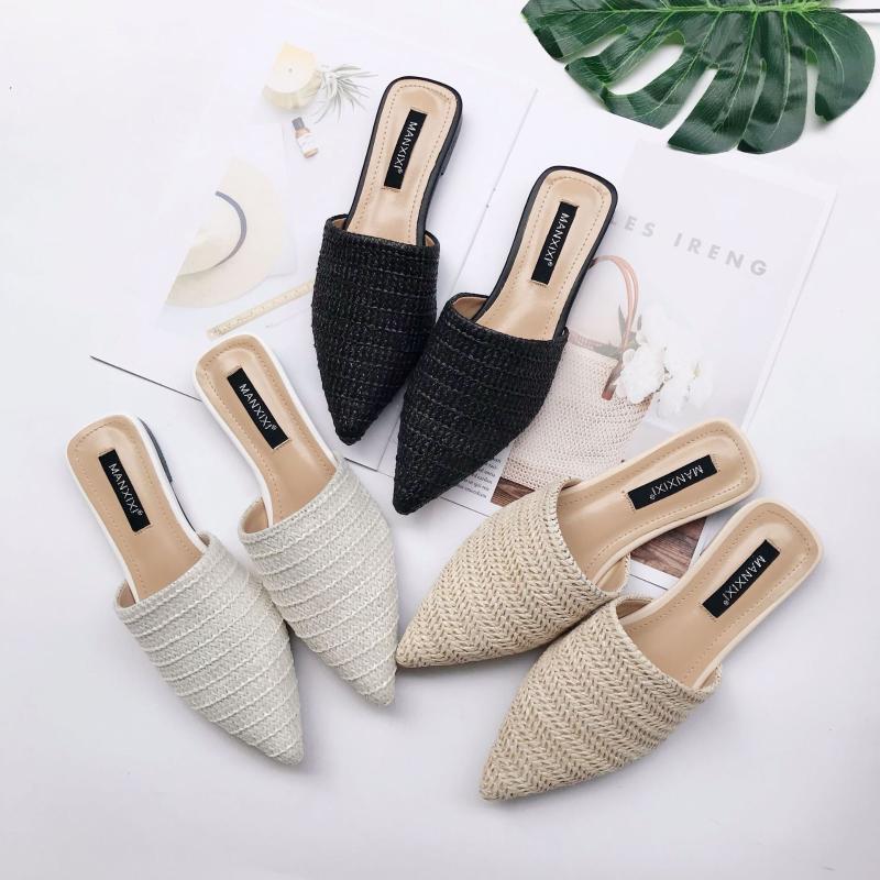 

Female Shoes Pointed Toe Ladies' Slippers Mules For Women 2021 New Flat Basic Rubber PU Fabric Rome Mules For Women 2021