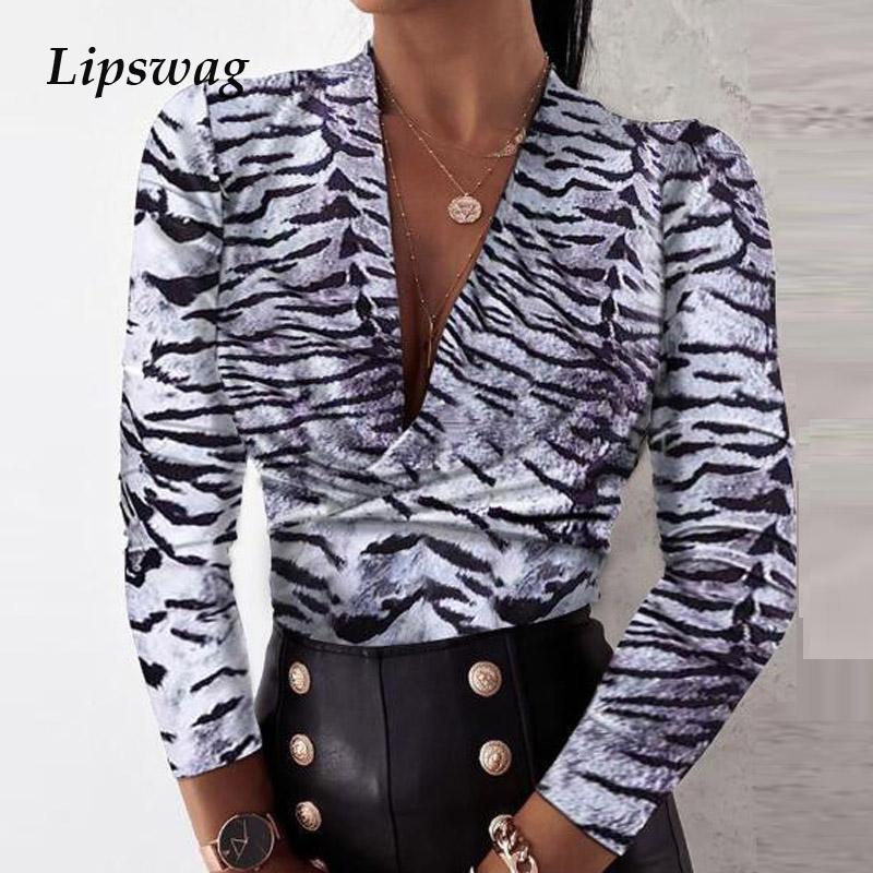 

Leopard Tiger Print Women Blouse Shirt 2020 Autumn Winter Long Sleeve Slim Tops Pullover Fashion Sexy V-Neck Lady Shirts Blusas, Beige
