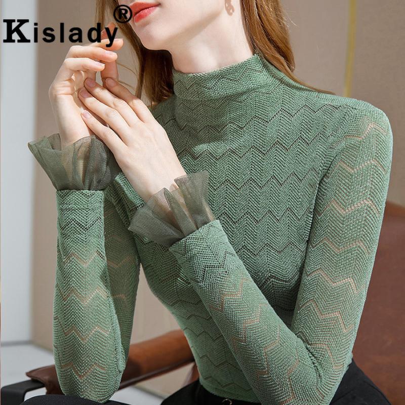 

Winter Lace Patchwork Tops Sexy Solid Shirt Plus Size Fashion Turtleneck Shirt Korean Flare Sleeve Hollow Out Women Clothing, Green