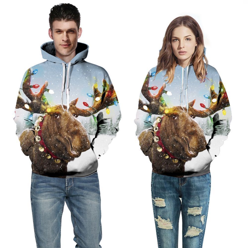 

Autumn new 3D printing Christmas deer European and American sweater men's tide hooded head personality fashion couple jacket, Beige