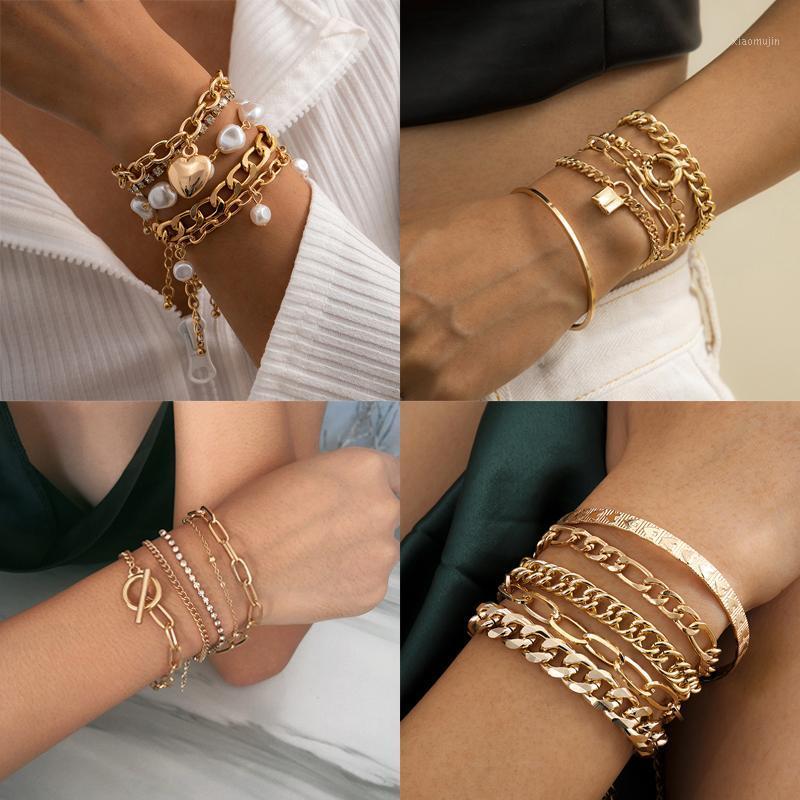 

Charm Bracelets Baroque Pearl Chain Lock 2021 Trendy Bracelet For Women Crystal Heart Lovers Cuff Punk Bangle Femme Jewelry