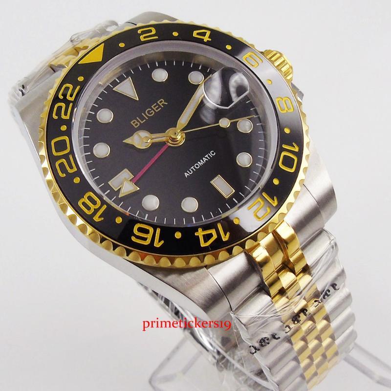 

Wristwatches BLIGER Luxury 40mm Black Dial Gold Plated With Date Magnifier Mental Strap GMT Automatic Men's Wristwatch1, With logo