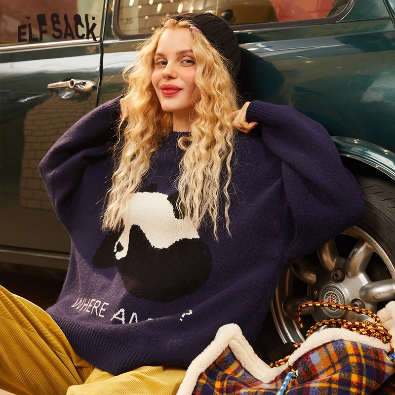 

ELFSACK Blue Solid Panda Print Korean Knit Women Pullover Sweaters Winter Orange Long Sleeve Casual Office Ladies Cute Top 201111