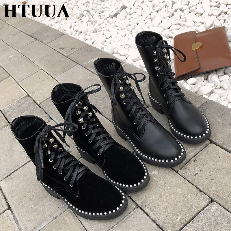 

HTUUA Women Boots Motorcycle Boots Autumn Winter Shoes Pearl Lace-up Soft Leather Thick Heel Short Ankle SX41961, Black flock