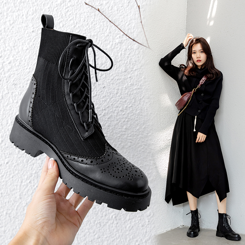 

2021 Women's Upper Mesh Fabric + Inner Pig Skin Palm Brock Sculpted Short Boots Winter Shoes HFVR, Black-winter
