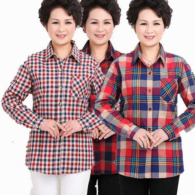 

Plus size Women's Shirts 2021 Autumn Winter mother shirt plaid shirt women loose long sleeve cotton Blouse top female outerwear, 013