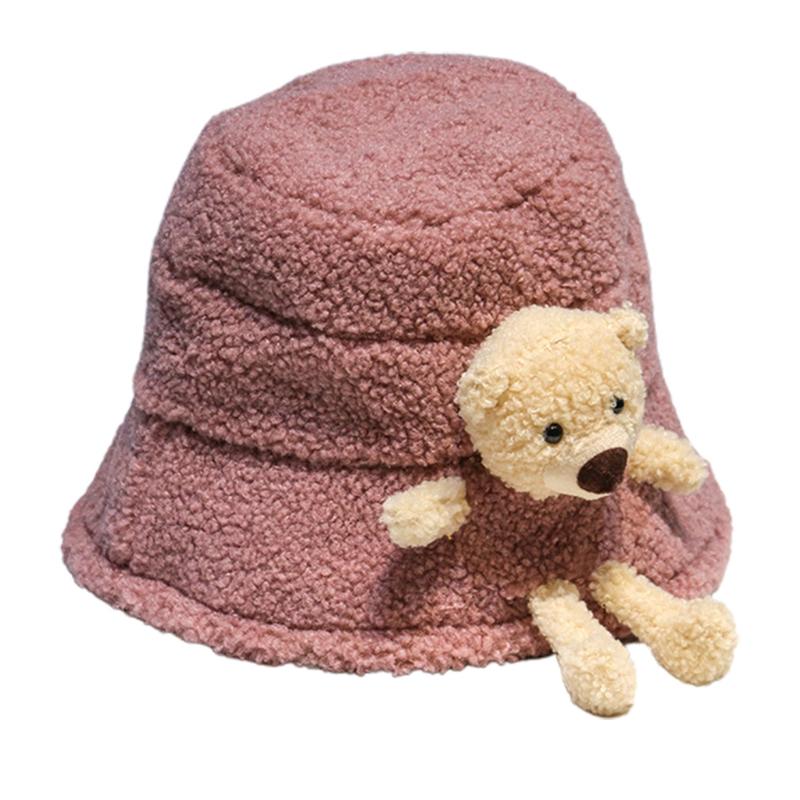 

Women Winter Fluffy Plush Warm Bucket Hat Cute 3D Stuffed Teddy Bear Wide Brim Harajuku Outdoor Panama Fisherman Cap, Black