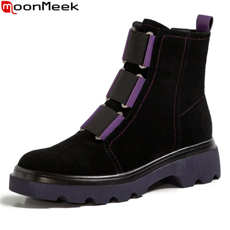 

MoonMeek 2020 Genuine leather boots comfortable med heels round toe ladies shoes autumn winter simple ankle boots women, Black