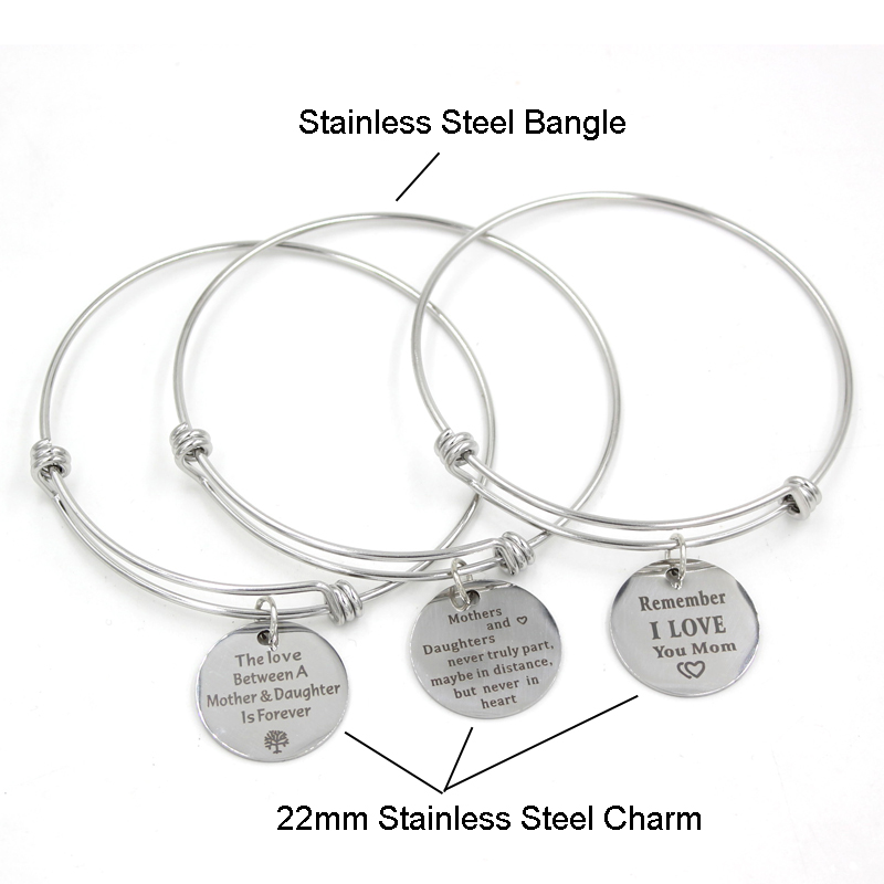 

Wholesale Stainless Steel Expandable Bangle Inspirational Motivational Charm Bangle Bracelets for Mother's Day Gifts Mother Jewelry