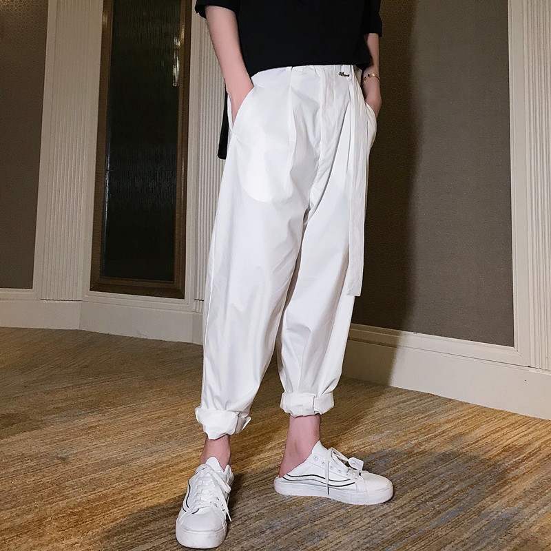 

2021 New S-6xl!! Japanese Trend Personality Belt Wide Male Summer Simple White Casual Haren Men's Pants I1O8