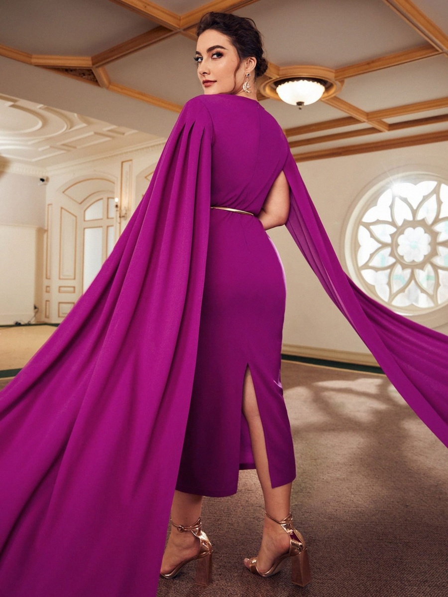 

Plus Cloak Sleeve Slit Back Prom Dress Without Belt S1aT#, Purple