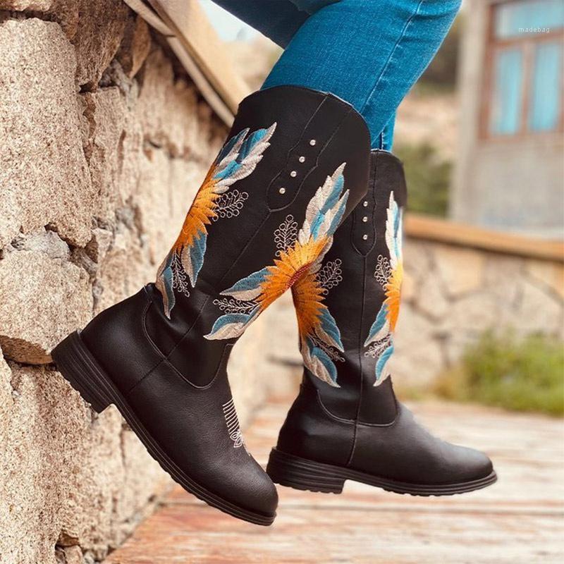 

Women Mid Calf Boots Embroidery Ladies Shoes Floral Boots Low Heels Print Slip On Fashion New Woman Plus Size Footwear Autumn1, Black