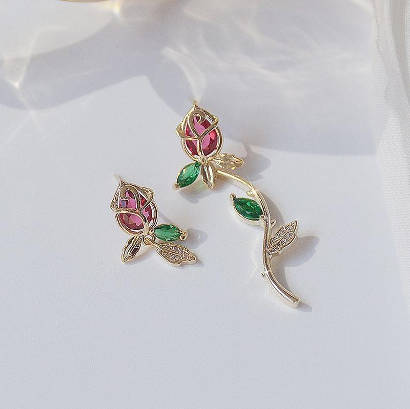 

Stud Fashion Brand Delicate Jewelry 14K Real Gold Irregular Earrings For Women Zircon CZ Rose Flower
