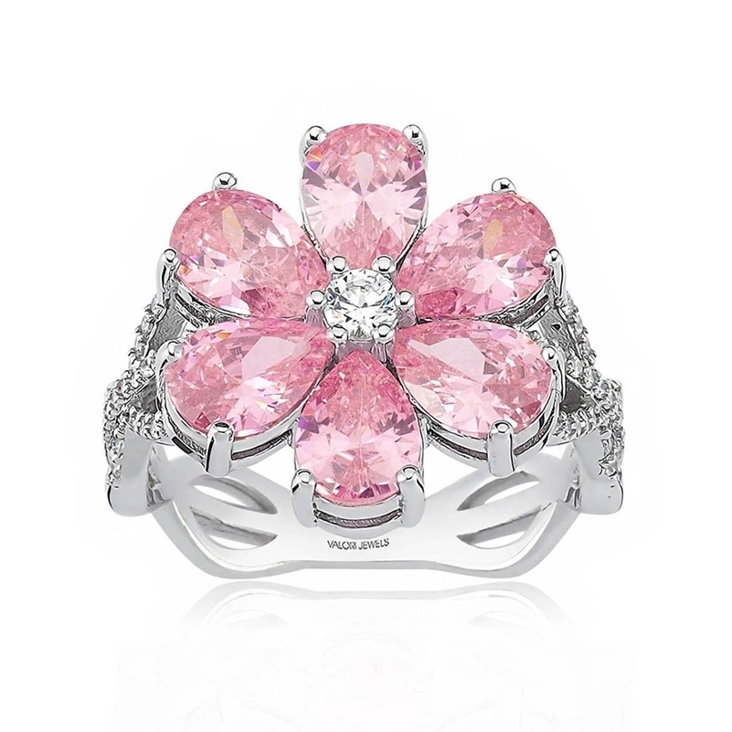 

Valori Jewels Magnolia Flower Ring, 4 Ct Zircon Pink Pear Gemstone, Rhodium Plated, 925 Silver, Fine Jewelry 220113