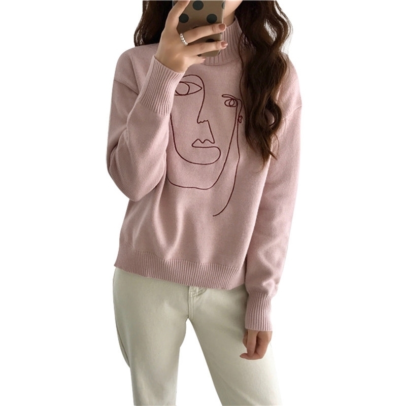 

Lychee Girls Geometric Face Sweaters Female Long Sleeve Turtleneck Pullovers Autumn Winter Casual Women Sweaters 201030, Beige