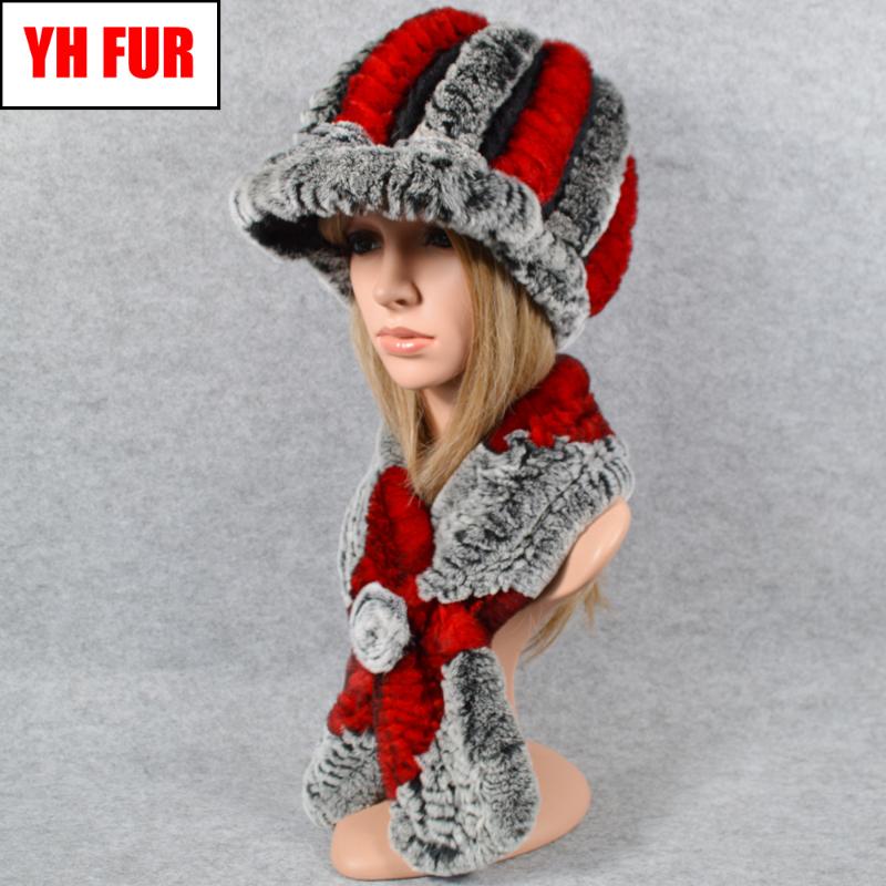 

2020 Hot Sale Winter Warm Lady 2 Pieces Set Real Rex Fur Hat Scarf Rex Fur Cap Scarves Neckerchief Hats