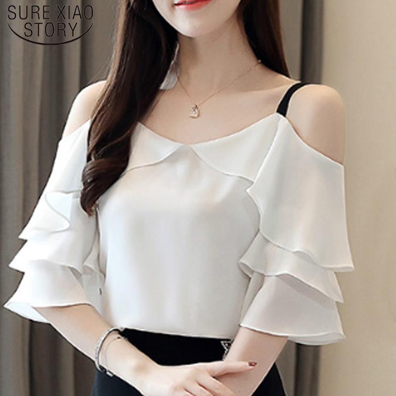 

Women's Blouses & Shirts Slash Neck Off Shoulder Top Chiffon Blouse Blusas Mujer De Moda 2022 White Women Short Sleeve Tops 4079 50