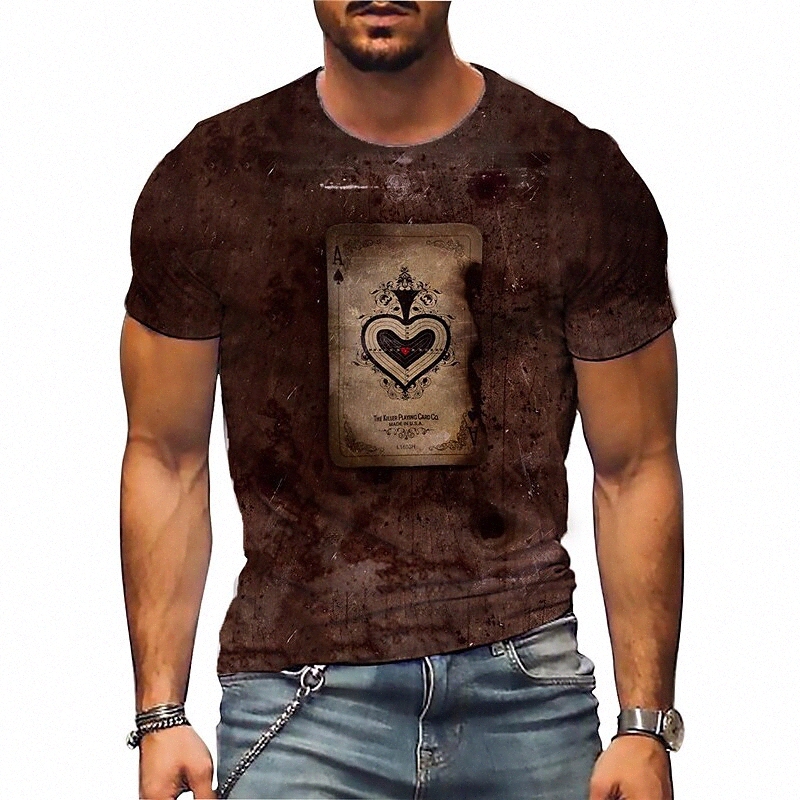 Men's T shirt 3D Print Graphic Vintage Poker Crew Neck Daily Sports Print Short Sleeve Tops Casual Classic Designer Big and Tall Black Brown Na
