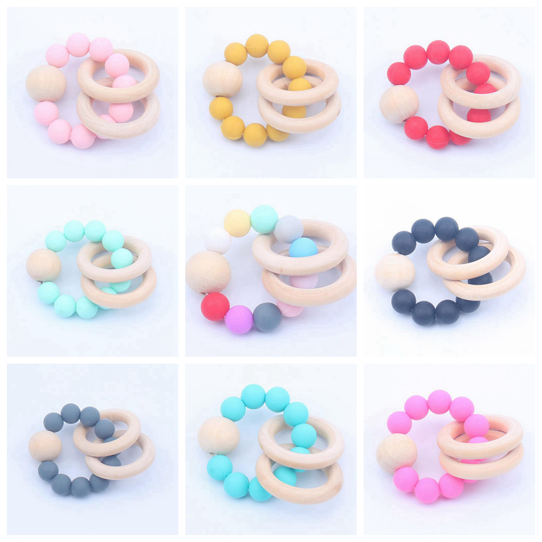 

Wooden Teethers Toys Infant Silicone Chew Nursing Bracelets Baby Rattle Stroller Accessories Newborn Teeth Care Supplies 16 Colors DW5975, As picture