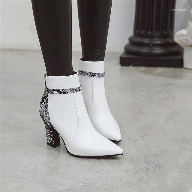 

YMECHIC Autumn Winter Patchwork Snake Print Fashion Wedding Party Shoes High Heels White Black Ladies Riding Ankle Boot Big Size1