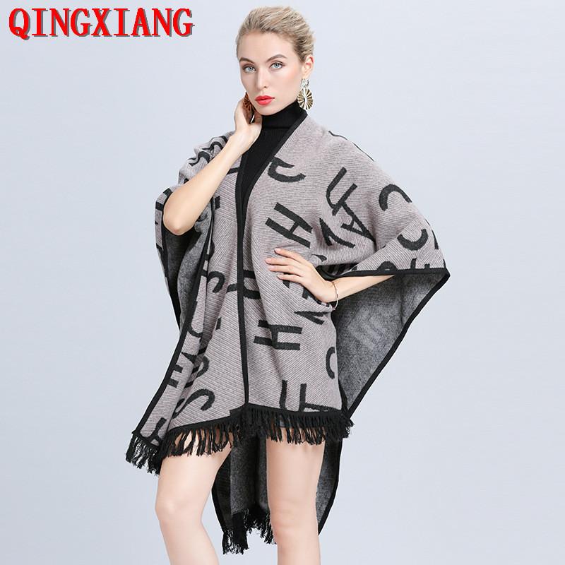 

2020 Jacquard Weave Out Wear Coat Autumn Winter Knitted Cloak Tassel Long Batwing Sleeves Shawl Letter Poncho