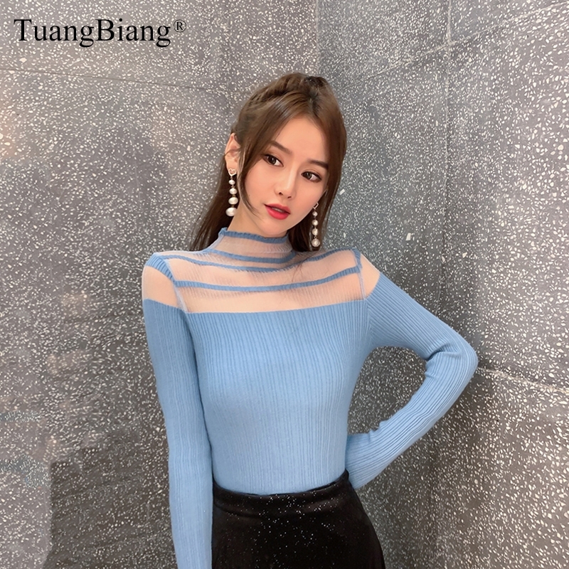 

Lady Lace Hollow out Sexy Sweaters Off shoulder Women Long Sleeve Turtleneck Backless Pullovers Patchwork elegant Slim Tops 201111, Pink