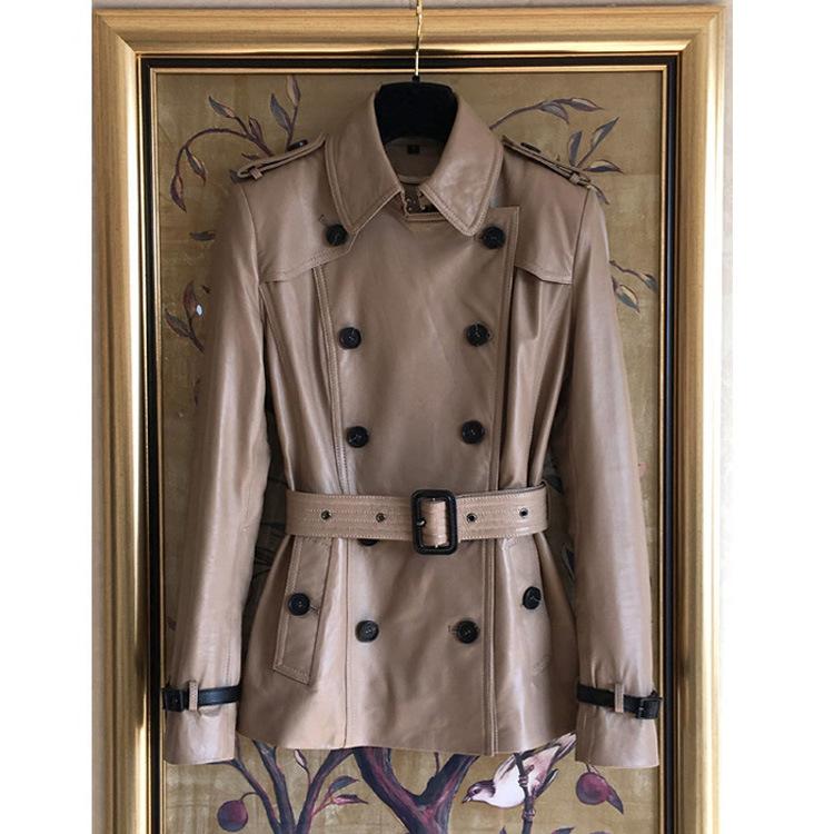 

Sheepskin Genuine Leather Clothes Women' Short Style Double Breasted Slim-Fit Jacket Small Trench Coat Famous Classic Style, Khaki