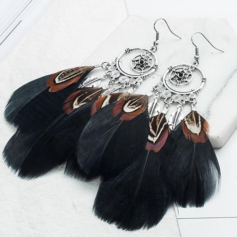 

Boho black feather fringe crystal earring Bohemian vintage dream catcher long tassel beads leaf leave earrings for women jewelry1