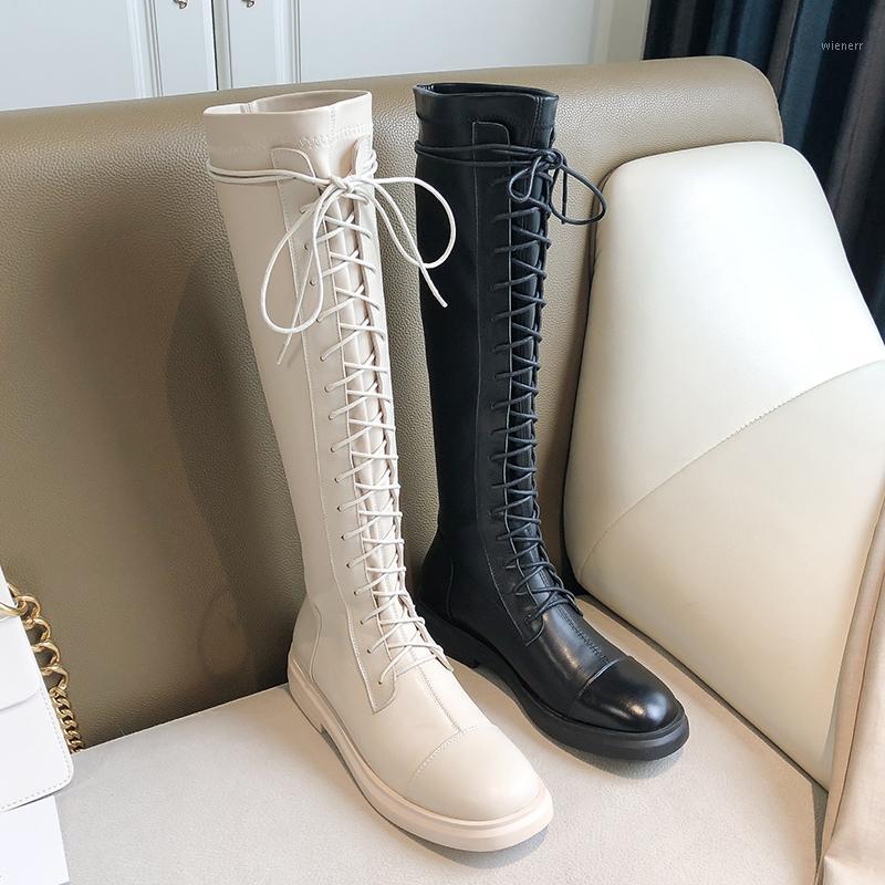 

100% cow Leather lace up low heels Woman Boots Women Knee High Boots Winter Brand Riding Night Club Shoes woman1, Beige