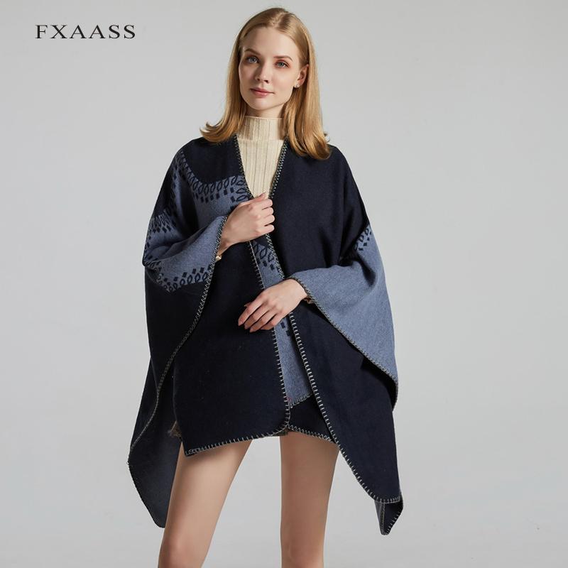 

FXAASS New 2020 Autumn Winter Shawl Fashion Poncho Women Cashmere Scarf Lady Luxury Blanket Warm Color Matching Cape