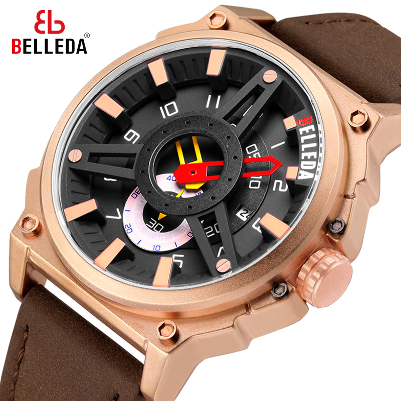 

Luxury brand belleda military men's sports men's date analog quartz watch, gold rose, Casual watch, leather watch