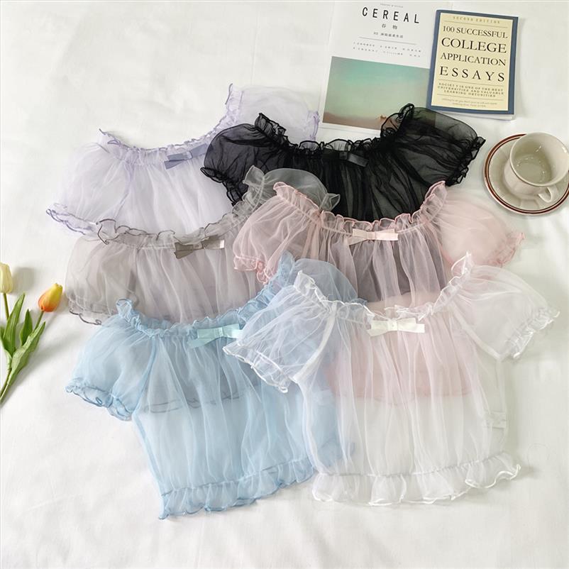 

summer cute short sleeve light chiffon short shirt girls inner blouse japanese lolita bows pullover 6 colors preppy style, White