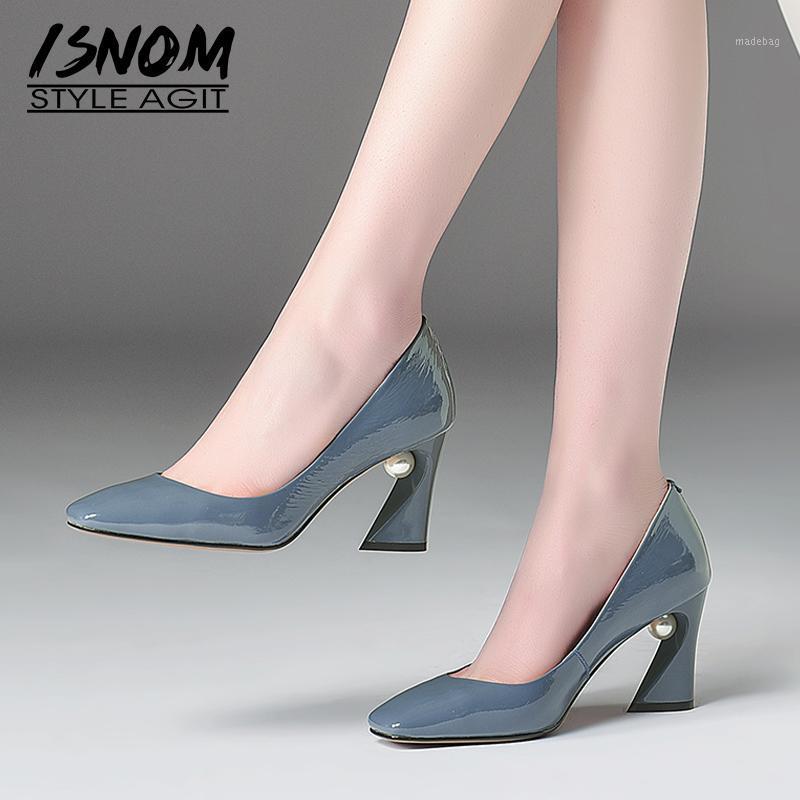 

ISNOM Strange Style Pumps Women Summer Patent Leather Pumps High Heels Pearl Shoes Female Square Toe Shallow Party Shoes Ladies1, Black