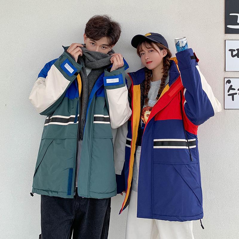 

Couples Patch Padding Jacket for Winter Clothing 2020 Trends Warm Puffer Coat Mens Harajuku Fashion Padded Streetwear with Hood, Blue