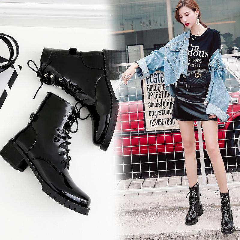 

Ins Boots Women'S England Short Summer Chunky-Heel Patent Leather Boots Bla Tie Locomotive Short Lady Shoes -40, Black and white with pattern
