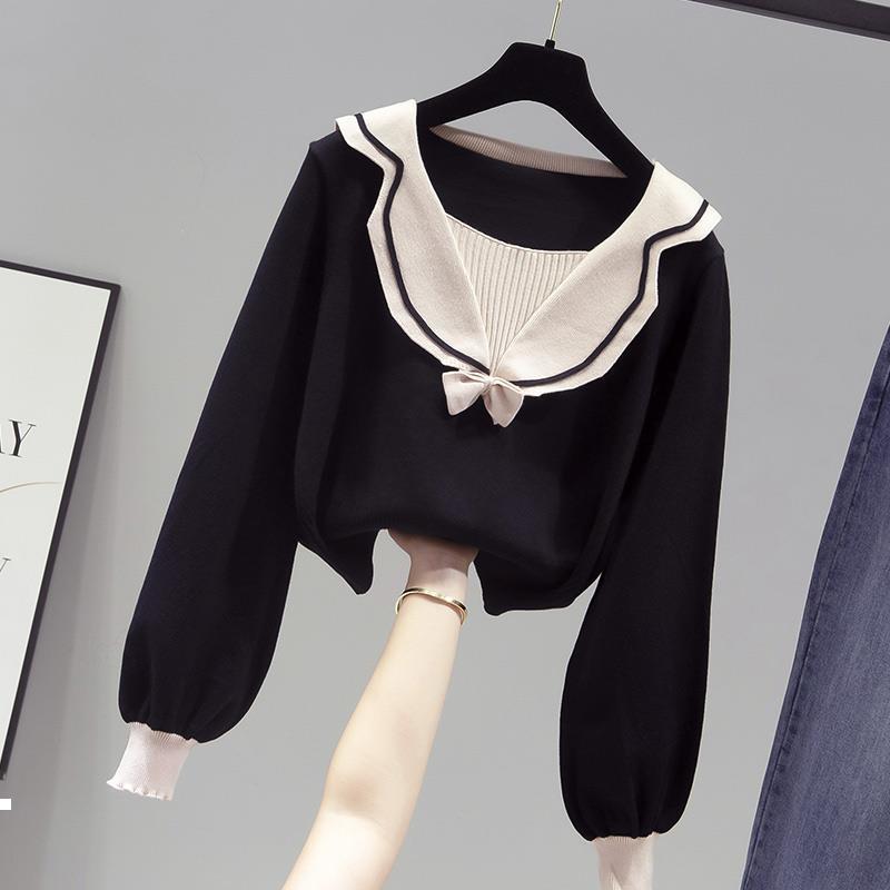 

sweet 2021 New female-style pullover with low-cut blue-red short-black-blue nice bow short sweater y513 CK80, Hong