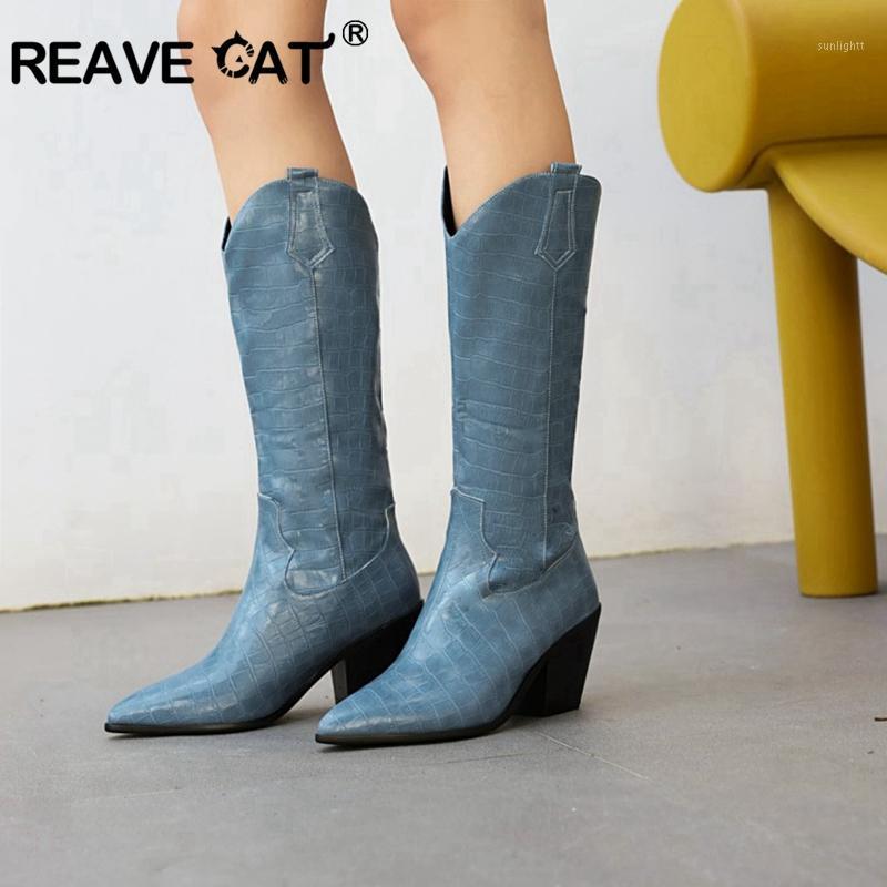 

REAVE CAT Winter Mid-Calf Boots Pointed Toe 7cm Chunky Heels Slip-on Slouchy Big Size 34-48 White Yellow Blue Black Casual C20591, Black velvet