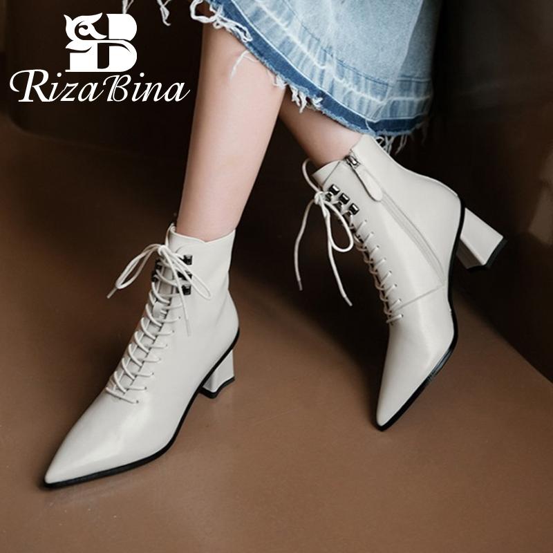 

RIZABINA Real Leather Women Ankle Boots Cross Strap Pointed Toe Zipper Shoes Thick Heel Warm Boots Winter Footwear Size 33-40, Black