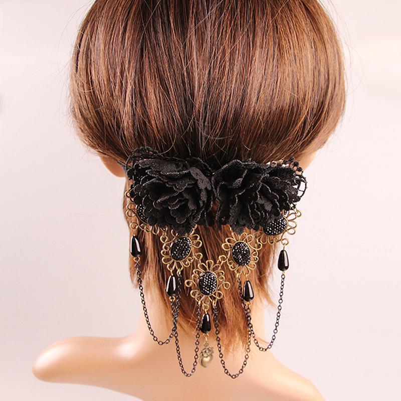 

Vintage Gothic Black Lace Flower Headband Hair Clips For Women Stone Tassels Fashion Jewelry Acessories
