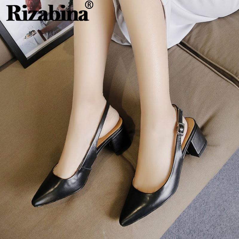

RizaBina Sexy Party Genuine Leather Women Pumps Hot Sale Retro Buckle Pointed Toe Shallow Chunky Heel Shoes Woman Size 34-39, Black
