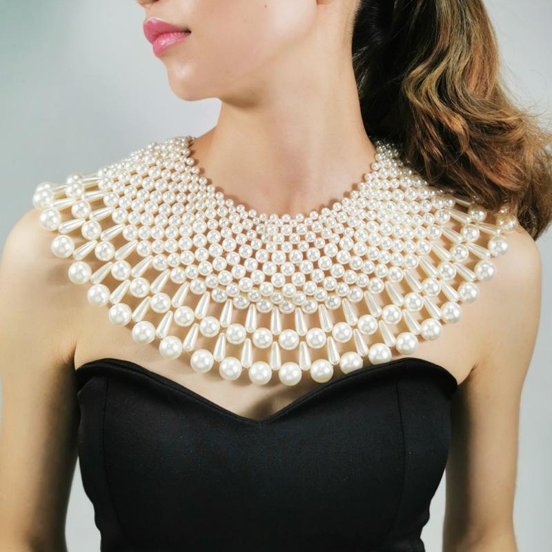 

European Luxury Wide Layered Pearl Necklace Chokers Collar Women Wedding Party Gown Necklace Wraps Shawl Pearl Knitting Jewelry