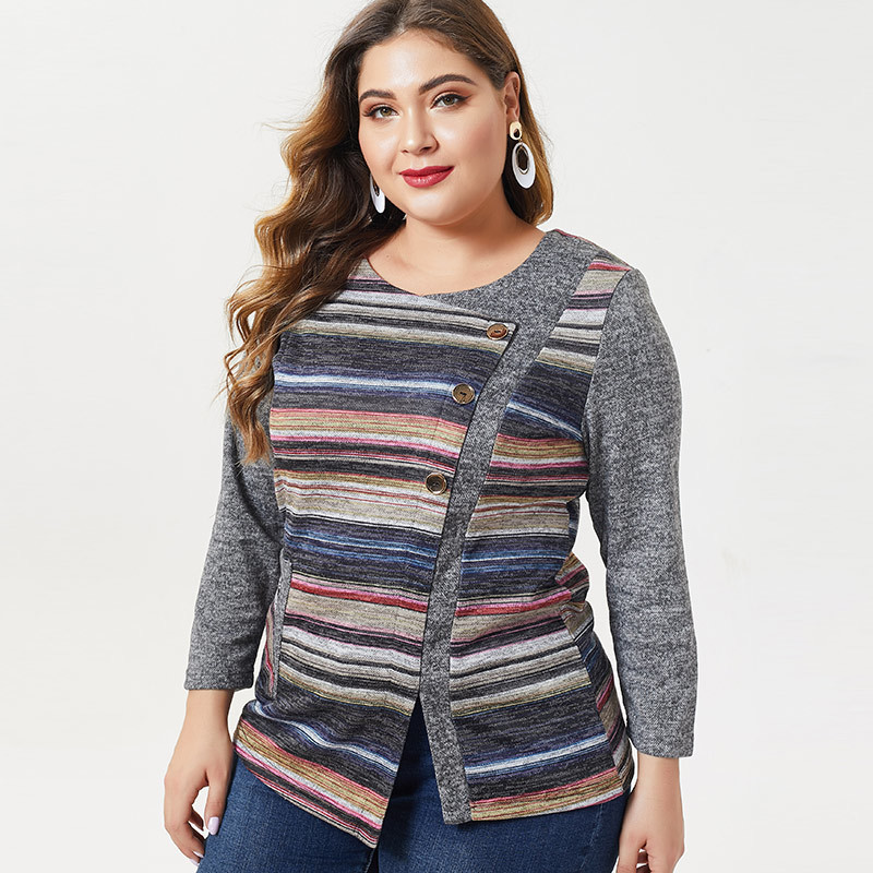 

Autumn Womens Plus Size Long sleeve stripe T shirt fashion ladies Vintage elegant mom Plus Size Tops 201125, Gray