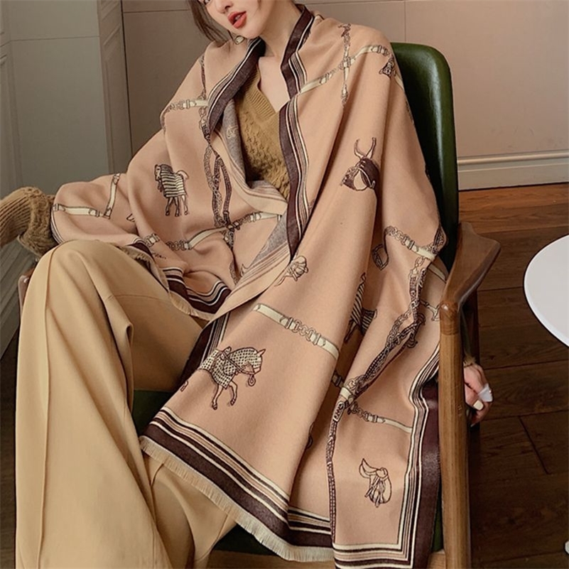 

Luxury Horse Print Scarf Women Cashmere Winter Warm Scarves Brand Pashmina Shawls Lady Wraps Bufanda Thick Bandana LJ201221